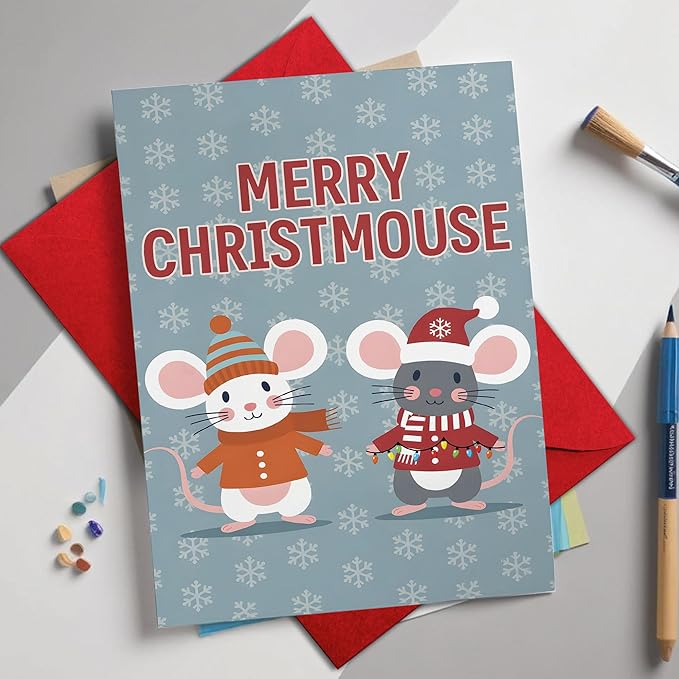 (5.3x8in) Merry Christmouse Card with Envelope, Cute Funny Christmas Mouse Greeting, Adorable Winter Holiday Card with Cartoon Mice Design for Friends, Family, and Kids (Xmas 25)