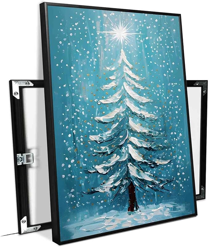 Framed Canvas Wall Art Blue Christmas Tree Print Merry Christmas Wall Decor Holiday Nature Gift Holiday Poster 16x24in Metal blackFramed