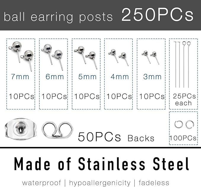 250Pcs No Tarnish Ball Stud for Earring Making, stino Hypoallergenic Stainless Steel Earring Posts, Jewelry Findings Supplies, Silver & Gold Plated (Silver)