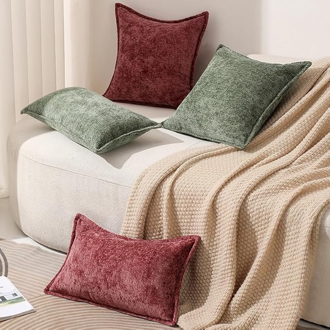 Pack of 2 Christmas Burgundy Fall Decorative Throw Pillow Covers 12x20 Cozy Soft Chenille Accent Vintage Rectangular Lumbar Couch Pillow Covers for Home Decor Bed Sofa Living Room
