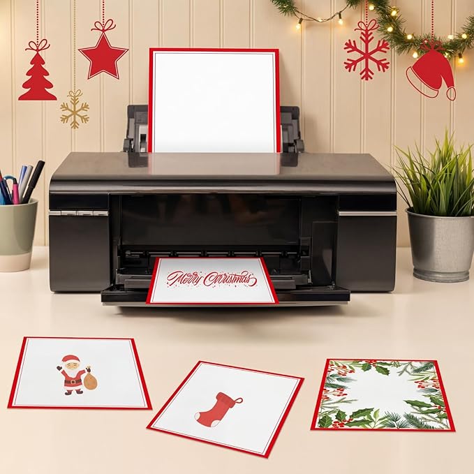 Glenmal 200 Pcs Christmas Stationery Printer Paper 8.5 x 11'' Red Border Letterhead Bulk Letter Size Holiday Writing Paper Letterhead for Xmas New Year Greeting Cards Invitations Business Printing