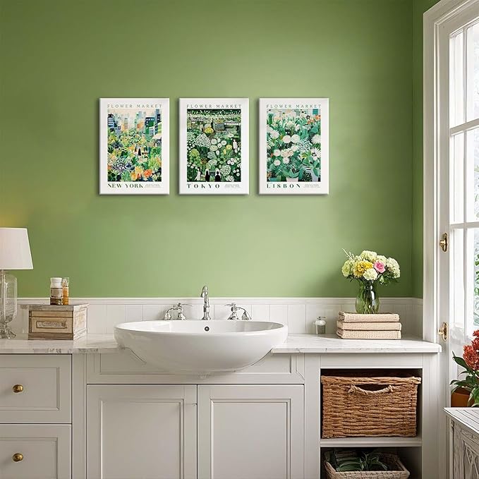 XLARTMY Flower Market Wall Art Prints Canvas Green Yellow White Floral Paintings Colorful Botanical Travel Flower Posters for Home Decor Pictures Set of 3 for Living Room Bedroom 12x16in