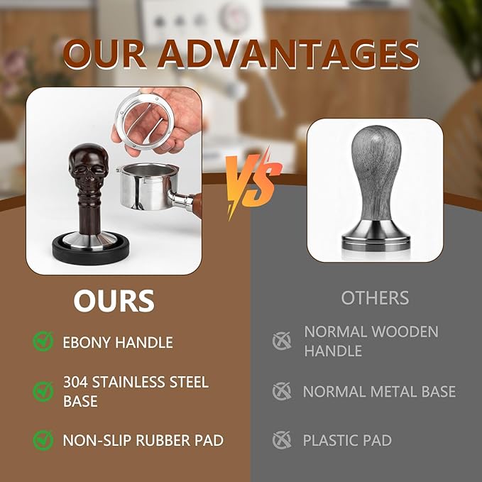 51mm Coffee Tamper - Espresso Hand Tamper with Skull Handle, Steel Base & Ebony Wood Grip, Espresso Accessories Gifts for Your Portafilter