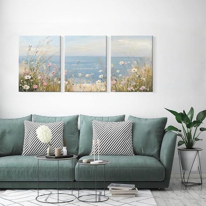 3 Pcs Framed Coastal Wildflower Wall Art Beach Floral Canvas Wall Decor Vintage Coastal Landscape Pictures Ocean Flower Poster Summer Floral Prints Seascape Painting for Living Room Bedroom 12x16 inch Ready to Hang