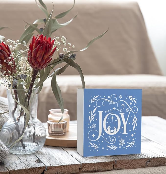 Joy Christian Christmas Wooden Box Sign, Farmhouse Christmas Snowflake Xmas Wood Signs for Home Office Table Shelf Decor, 5x5 Inch (Blue)