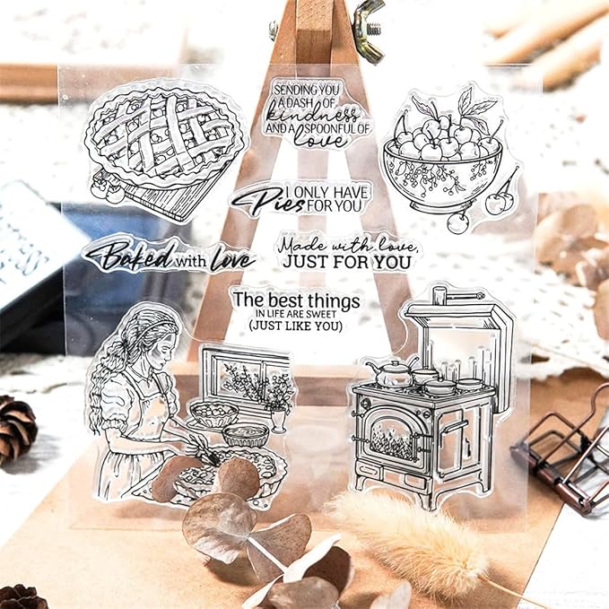 Baked Pizza Cherries Stamps and Cutting Dies for Card Making DIY Transparent Silicone Clear Stamp and Metal Die Cuts Sets for Scrapbooking Paper Greeting Cards Decor Seals Craft Supplies