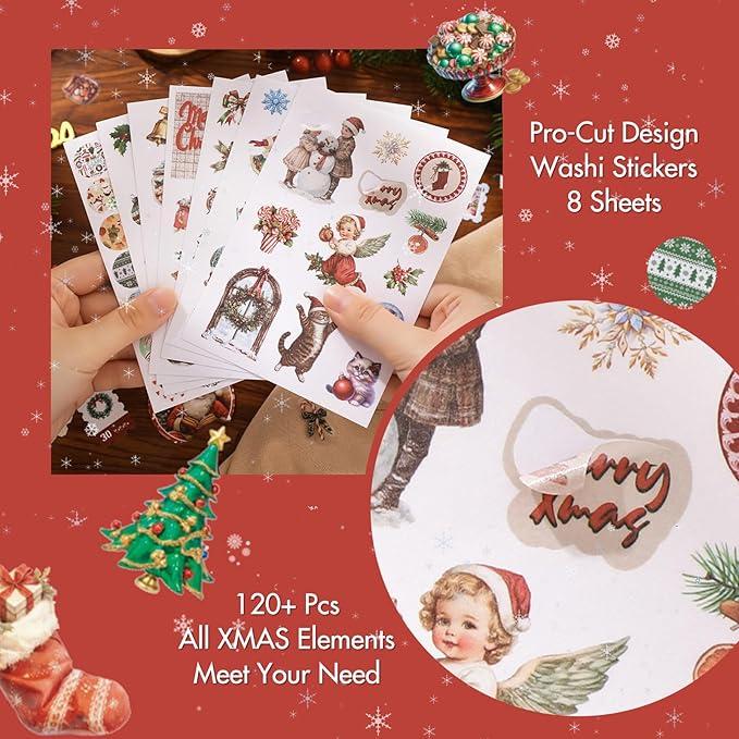 OKUPAN 157 Pcs Christmas Scrapbooking Supplies Kit - Vintage Junk Journaling Supplies, PET Stickers, Washi Tape for Bullet Journals, DIY Crafts, Planner Decor, and Holiday Gifts for Women & Adults