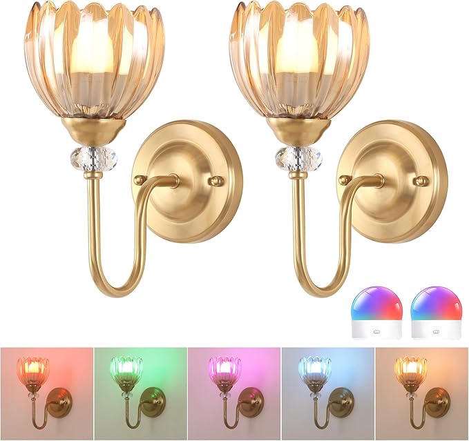 Set of 2 Vintage Battery Operated Wall Sconce, Rechargeable Wall Lamp with 5000mAh Battery & Remote Control, Dimmable Wall Lights with tulip shade for Bedroom Bathroom Living Room, (Tulip Amber Up)