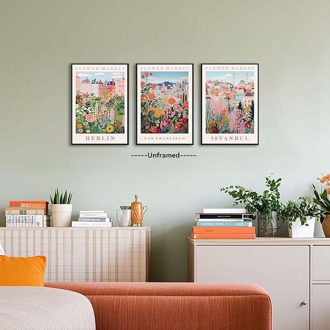 XLARTMY Flower Market Wall Art Prints Canvas Orange and Pink Floral Paintings Colorful Botanical Travel Flower Posters for Home Decor Pictures Set of 3 for Living Room Bedroom 16x24in Unframed