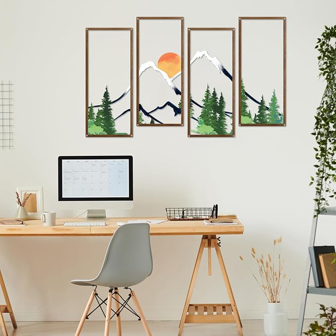 ruelen 4 Pcs Metal Sunset Mountain Forest Wall Art Mountain Line Decor Abstract Minimalist Wall Sculpture Rustic Nature Wall Decor for Home Office Bathroom Bedroom Living Room (Green)