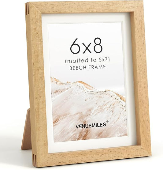 6x8 Picture Frame, USA-Sourced Natural Beech Wood Photo Collage Frame with HD Tempered Glass, Modern Simple 6 x 8 Wooden Frame Matted to 5x7, Gallery Wall Frames for Art, Wall or Tabletop Display