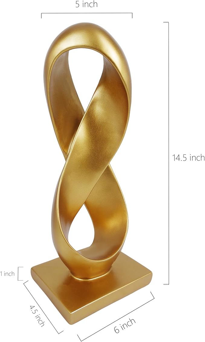 SIMON'S SHOP Gold Accent Decor, Modern Abstract Sculpture, 14.5'' Tall Figure Eight Infinity Statue, Hand-Painted Resin Tabletop Decoration for Home or Office