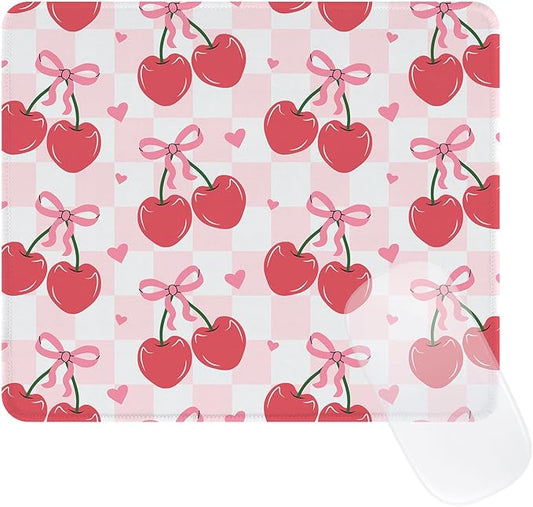 Cute Mouse Pad Red Cherries Pink Bow Heart Plaid Mousepad, Waterproof Mouse Mat Design Cloth, Non-Slip Rubber Base Computer Funny Mouse Pads, Small Mouse Pad Desk Accessories