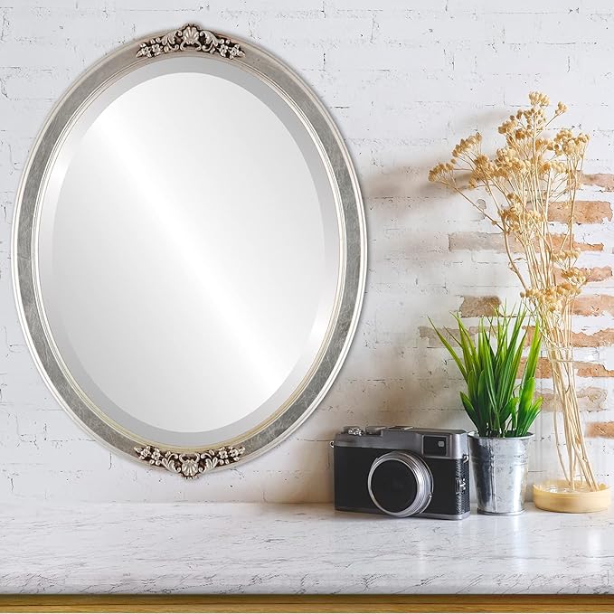 OVALCREST Oval Beveled Wall Mirror for Home Decor - Athena Style - Silver Leaf with Brown Antique - 26" x 22" Outside Dimensions