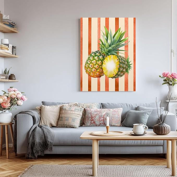 Pineapple Watercolor Wall Art – Tropical Fruit Canvas Print – Summer Kitchen Decor with Orange Stripes – Botanical Pineapple Illustration Poster 24x32inch-Framed