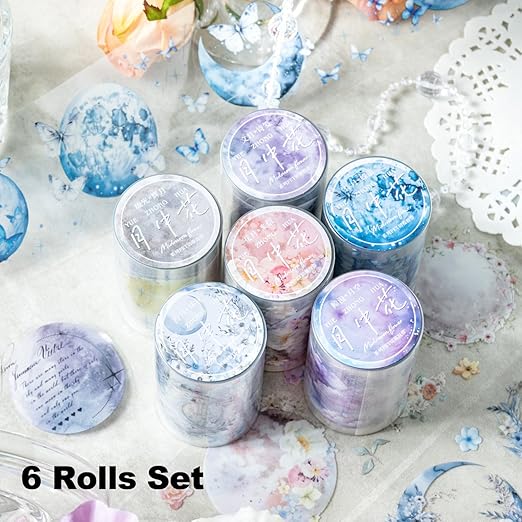 6 Rolls Moon Flower PET Tape Set, Pre-Cut Aesthetic Stickers for Journaling, Scrapbooking, and DIY Crafts, with Decorative Clip