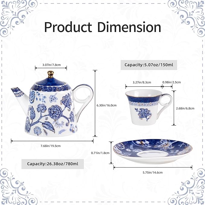 Tea Set for Adults Ceramic Tea Pots and Tea Cup Set, Royal Blue Tea Cups and Saucers Set for Afternoon Tea, Party, Home, Office, Porcelain Chinese Gong Fu Tea Set with Gold Rim (Navy Gold Seal)