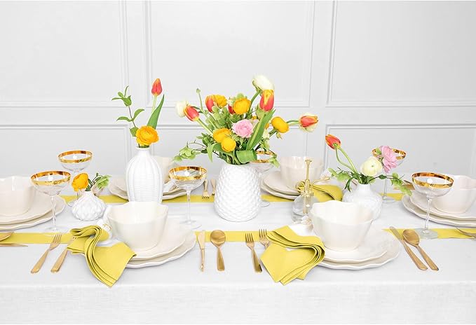 Solino Home Linen Table Runner 108 Inches Long - 100% Pure Linen Sunshine Yellow and White Table Runner 14 x 108 Inch for Spring, Easter - Contempo