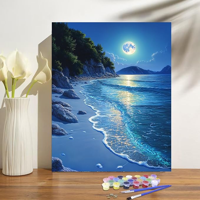 Beach Moonlight Paint by Numbers Kit for Adults Beginner Ocean Oil Painting Kit Adult Paint by Number Kits on Canvas Moon DIY Painting for Beginners Art by Numbers for Gifts Home Wall Decor 16x20 Inch