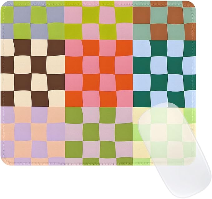 Cute Colorful Mouse Pad,Retro Checkered Pattern Mousepad,Square Aesthetic Waterproof Mouse Mat Design, Non-Slip Rubber Base Funny Boho Small Mouse Pads, Desk Accessories,Purple Blue Green