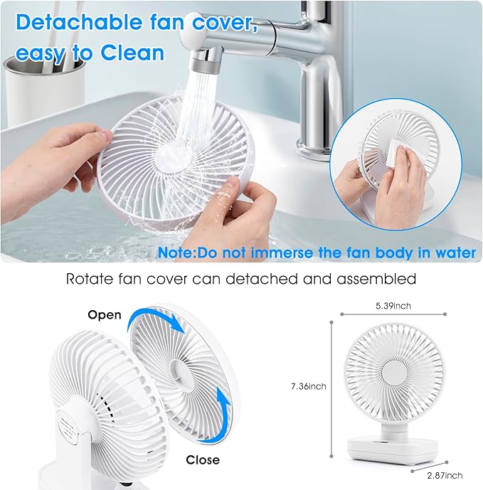 Oscillating Table Fan Small Oscillating Fan for Bedroom/Indoor/Outdoor Ultra Quiet Mini Desk Fan Auto 90° Rotated 4 Speeds 5in Wall Mounted Cordless Portable Rechargeable (White)