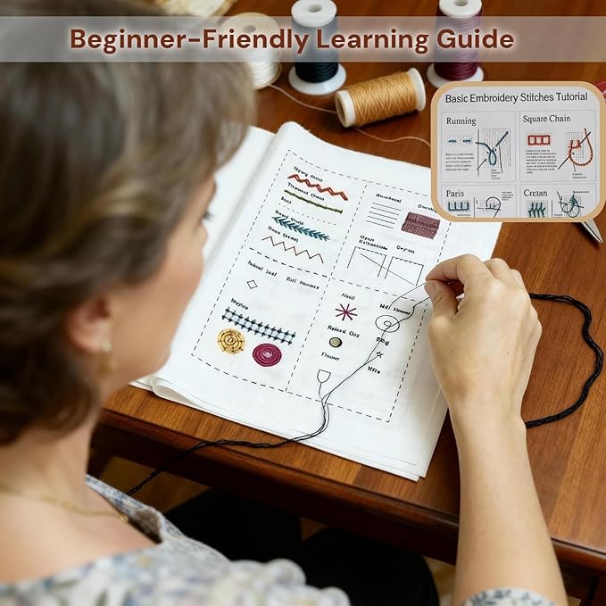 2026 Upgraded Embroidery Stitch Book & Complete Kit for Beginners | Includes 86 Tools,63 Water-Soluble Patterns & 106 Designs with Instructions | Portable Craft Set for Adults & DIY Lovers