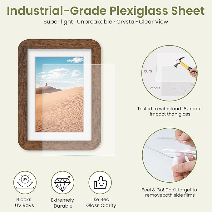 Dreamland 5x7 Picture Frame Set of 3, Solid Oak Wood Photo Frame with Mat for 4x6, Round Corner 5 x 7 Matted Picture Frames with Resistant Plexiglass for Wall Mounting or Tabletop, Walnut Color