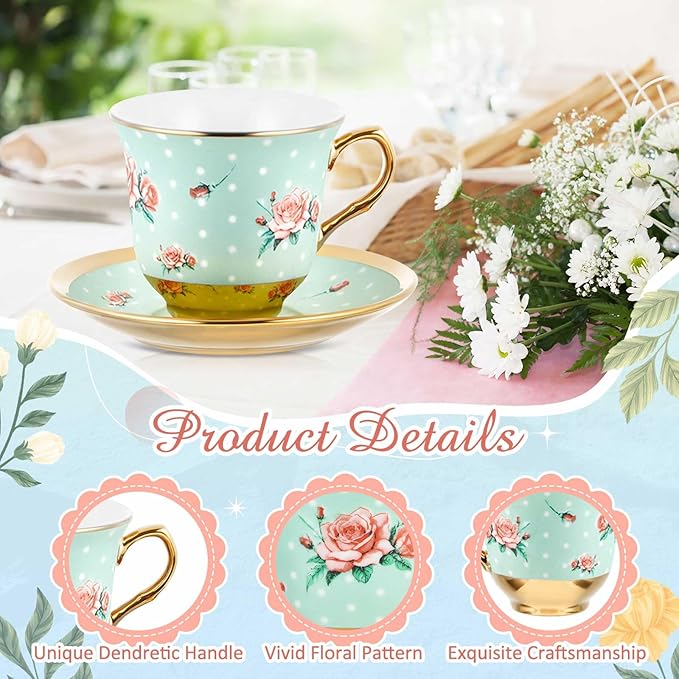Set of 18 Tea Cups and Saucers Tea Party Decorations Floral Porcelain 5.4 oz British Gift for Women Birthday Party, Church, and Mother's Day (Vintage Style)