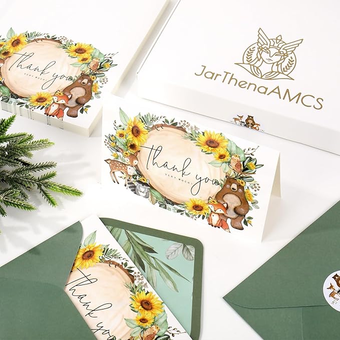 JarThenaAMCS 50 Pack Woodland Sunflower Thank You Cards Greenery Forest Animal Greeting Cards with Envelopes Stickers Blank Note Card for Birthday Baby Shower, 4 x 6 Inch