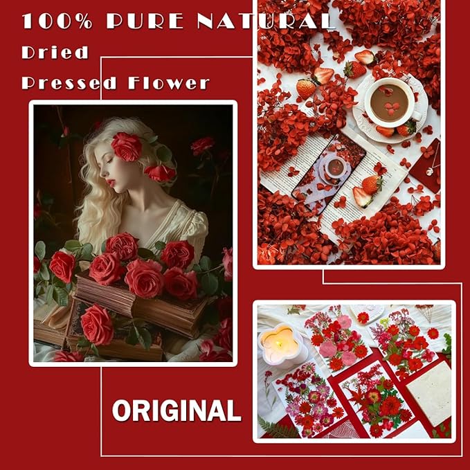 88Pcs Red Dried Pressed Flowers for Resin Molds, Assorted Real Natural Bulk Dry Floral Leaves for DIY Art Crafts, Epoxy Jewelry, Candle, Soap Making, Nails Decors