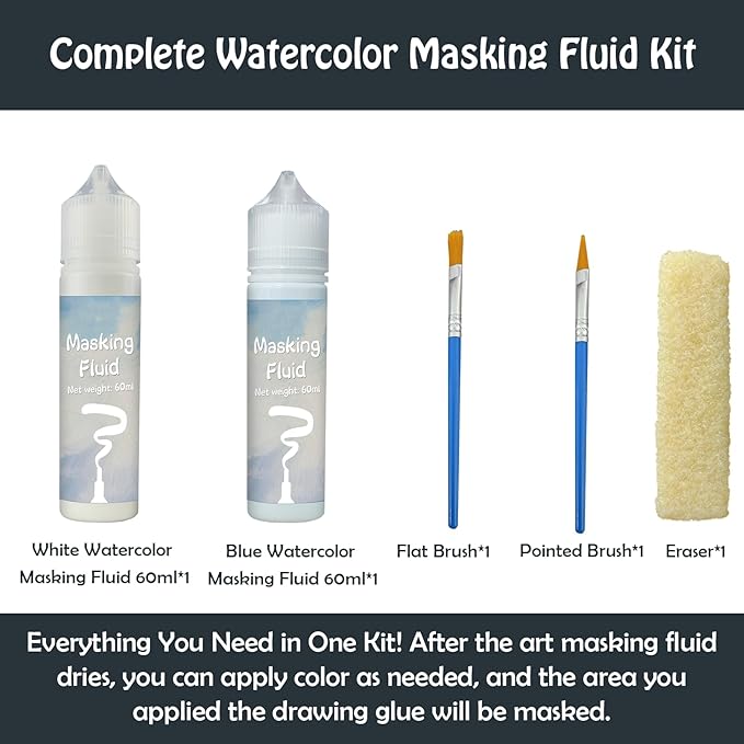 120ml Blue&White Masking Fluid for Watercolor Painting Kit, Fast Drying Easy Peel Use, Watercolor Masking Fluid Prevent staining Keeps Areas Colorless
