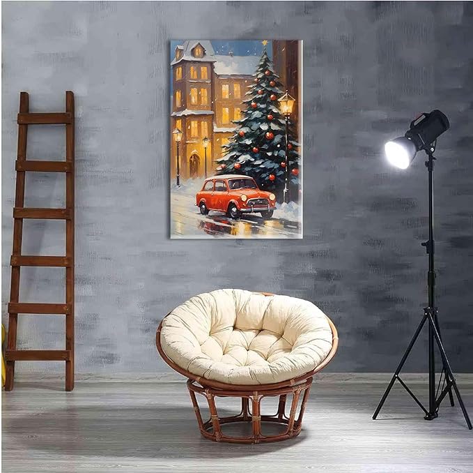 Canvas Wall Art Snowy Christmas tree and red car art print Christmas in the city classic timeless red car snow cosy winters day 32x48in-UnFramed