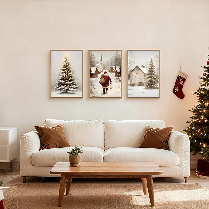 KAIRNE 3 Piece Christmas Wall Art Set, Christmas Pine Trees Landscape Canvas Art Prints, Santa Claus Snowy Village Scenes Artwork, Xmas Eve Decor for Living Room Bedroom Winter Home Decor 16×24 inch