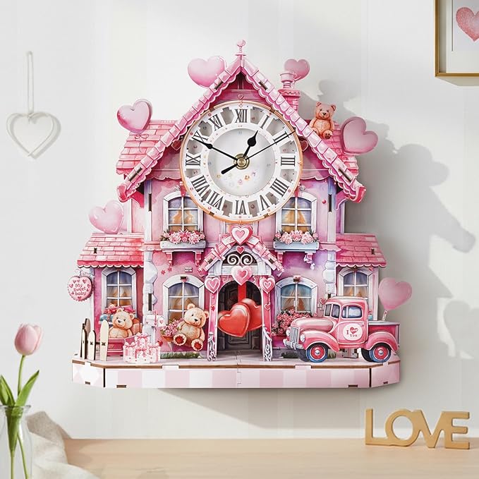 3D Puzzles for Adults Clock-Sweetheart Cottage Design Model Kit-Mechanical DIY Pendulum Clock with Roman Numerals-Desk Home Office Decor Personalized Gift for DIY Lovers