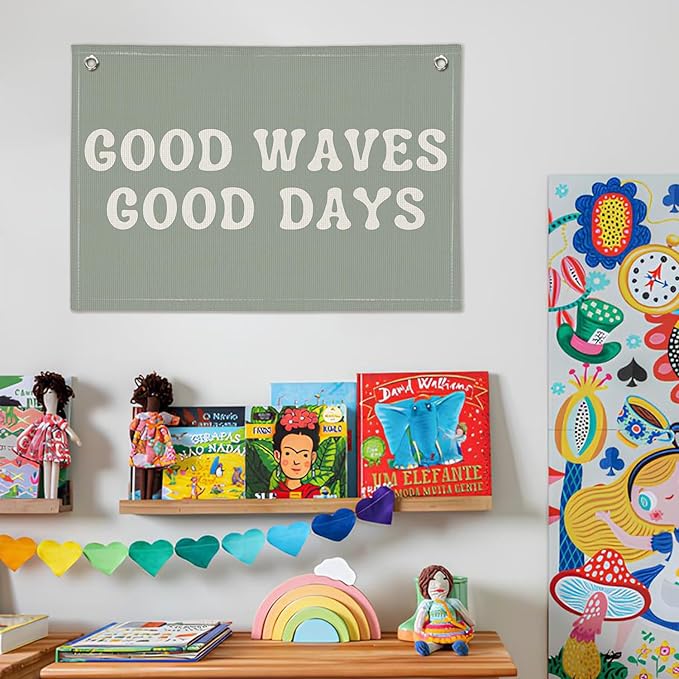 Surf Nursery Decor, Ocean Wave Coastal Beach Linen Canvas Banner, Good Waves Good Days Summer Wall Hanging Flag Decor for Toddler Boys Girls Room Playroom
