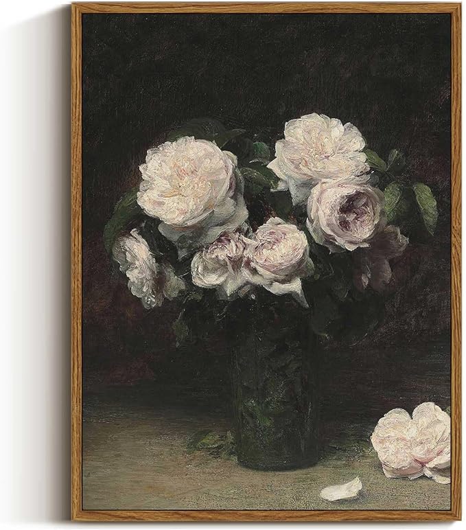 VIYYIEA Floral Framed Wall Art, Rose Flower Vintage Art Decor Room Aesthetic, 12x16 Inch Canvas Print Artwork, Farmhouse Still Life Painting Wall Decor for Bedroom Bathroom Office