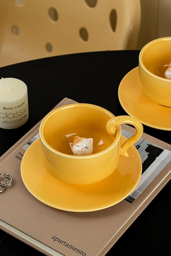 DIHOclub Ceramic Coffee Mug With Saucer 3D Cat Sculpture With Tail Handle - Elegant Office & Gift-Ready Tea Cup for Pet Lovers, Birthday, Christmas (Yellow Cat)