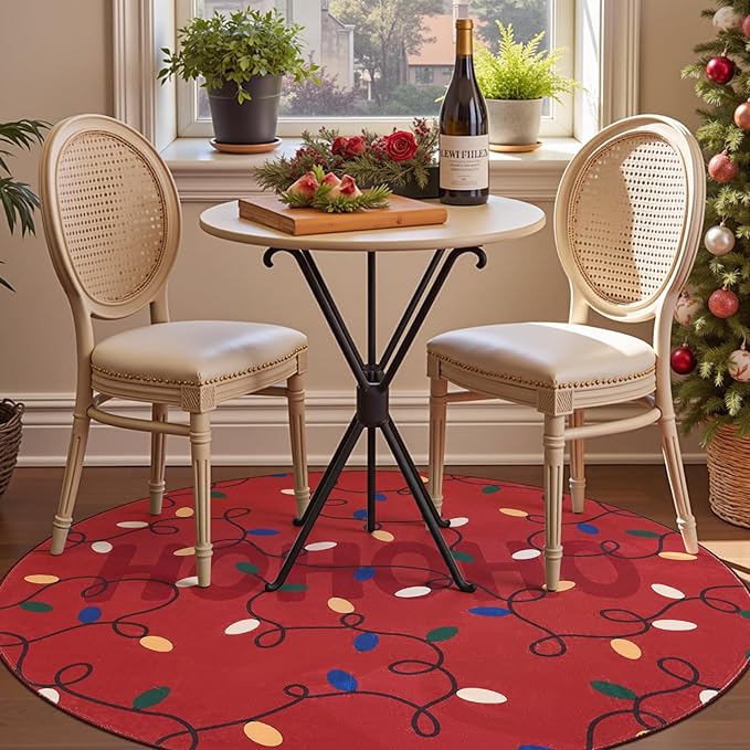 jinchan Jingle Lights Round Christmas Rug for Living Room 5ft Red Circle Holiday Rug for Bedroom 5' Colored String Lights Printed Xmas Decor Washable Indoor Carpet for Dining Room Foyer Non-Slip
