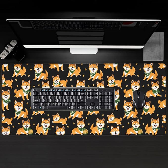 Shiba Inu Large Gaming Desk Mat,Rubber Non-Slip Cute Playful Puppy Dog Mouse Pad,31.5x11.8x0.12in Extended Pet Mousepad,Game Lover Mice Pads Gifts,Office Home Deskmat Decor