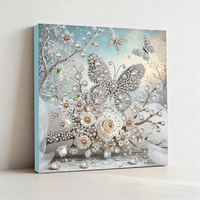 DIY Pearl Painting Kit with Wooden Frame, 3D Plastic Pearl Gemstone Ocean Art Craft for Adults Beginners, Diamond Art Kits for Adults, Home Wall Decor Ready Gift for Women(Butterfly Garden)(30*30cm)