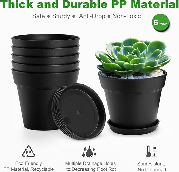 4 Inch Plastic Plant Pots 6 Pack, Small Flower Pots with Drainage Holes and Tray, Thickened Indoor Planters Seedlings Nursery Pots, African Violet, Succulent and All House Plants, Green