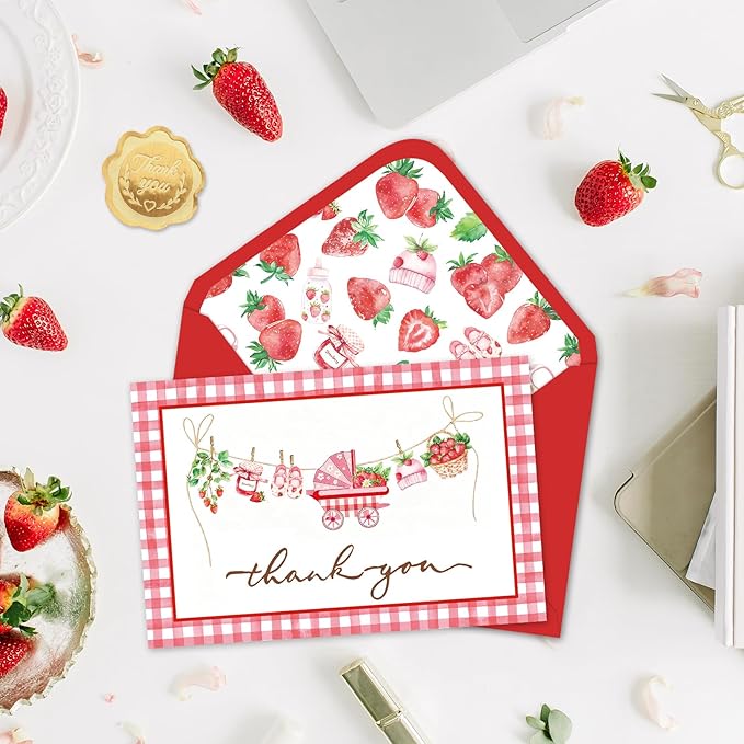 24 Pack Strawberry Baby Shower Thank You Cards Greeting Cards Plaid Blank Note Card with Envelopes Stickers for Girl Birthday Gender Reveal, 4 x 6 Inch