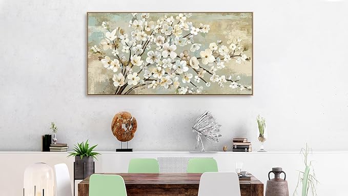 arteWOODS Flowers Framed Wall Art - Beige Flower Branches Canvas Pictures Wall Decor Rustic Brown Botanical Painting Artwork Elegant Floral Prints for Living Room Bedroom 58 x 29in Natural Wood Frame