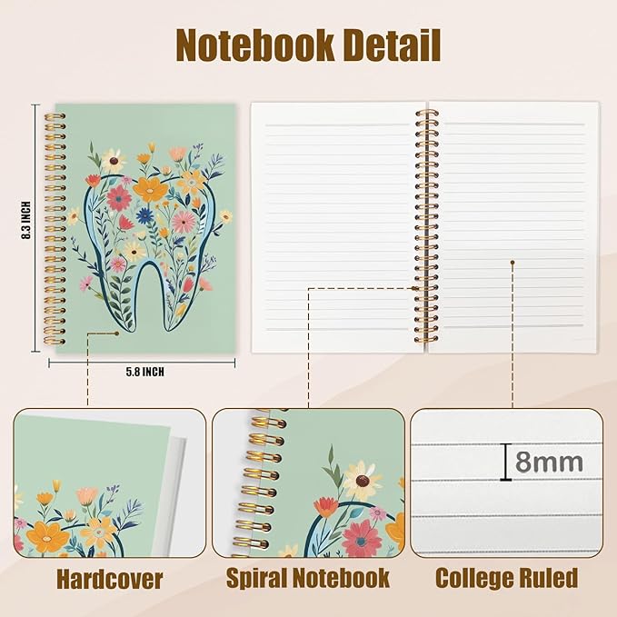 WUCHJ Dentist Gifts Notebook Journal, Dental Assistant Office Gifts for Women, Green Floral Tooth Dental Spiral Notebook Journal for Note Taking, Dentist Office Supplies, 5.5x8.3 Inch