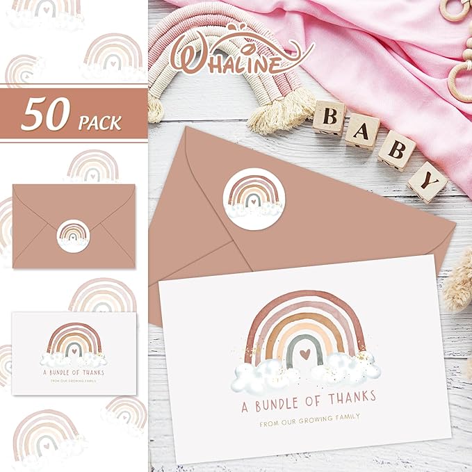 Whaline 50 Pack Baby Shower Thank You Cards Bulk Boho Rainbow Thank You Note Cards with Envelopes Stickers Blank Card for Baby Shower Fall