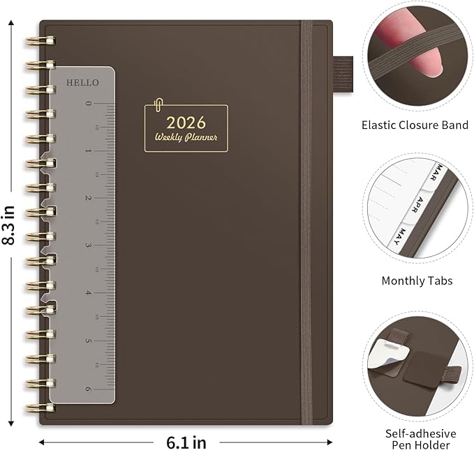 AHGXG 2026 Planner, Weekly and Monthly, Jan 2026 - Dec 2026, 12 Months, 2026 Calendar Planner Book with Tabs for Men Women School Home Office Supplies, A5 (6" X 8.38"), Coffee