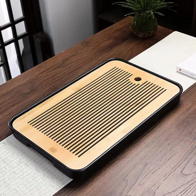 14 Inch Bamboo Chinese Gongfu Tea Tray Table Box with Water Storage for Kungfu Tea Set (Style 5 Black)