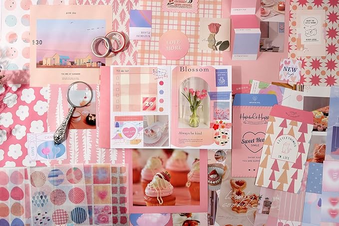 Draupnir Pink Cute Kawaii Aesthetic Scrapbook Kit(348pcs), Bullet Junk Journal Kit with Journaling/Scrapbooking Supplies, Stationery,A6 Grid Notebook with Graph Ruled Pages DIY Gift for Teen Girl