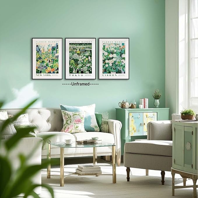 XLARTMY Flower Market Wall Art Prints Canvas Green Yellow White Floral Paintings Colorful Botanical Travel Flower Posters for Home Decor Pictures Set of 3 for Living Room Bedroom 12x16in Unframed