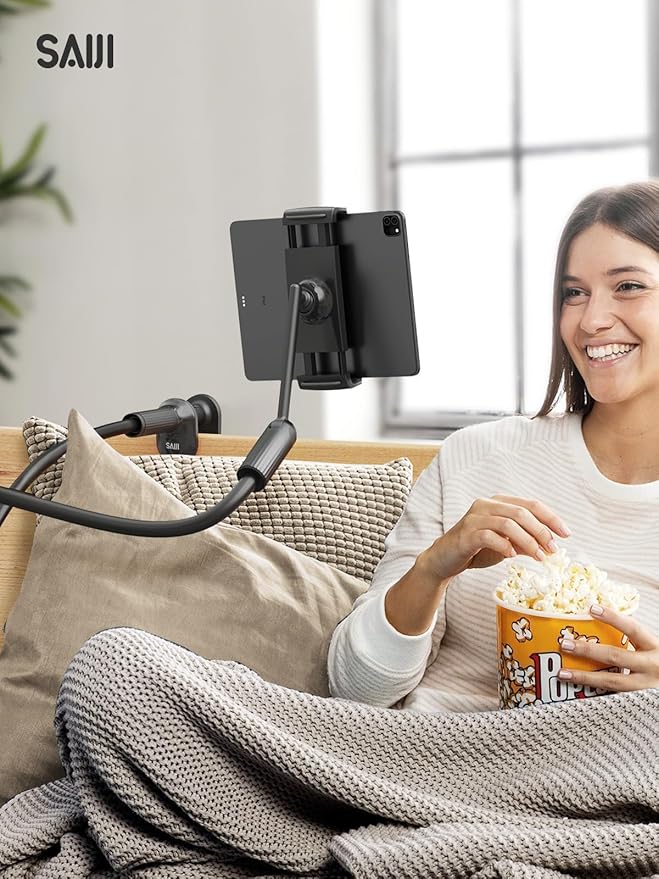 SAIJI 47" Gooseneck Kindle Holder, Tablet Holder for Bed with Upgraded Base, iPad Stand with Flexible Lazy Arm, Compatible with iPad/iPhone/Kindle/Switch or Other 4.7-11" Device (Black)